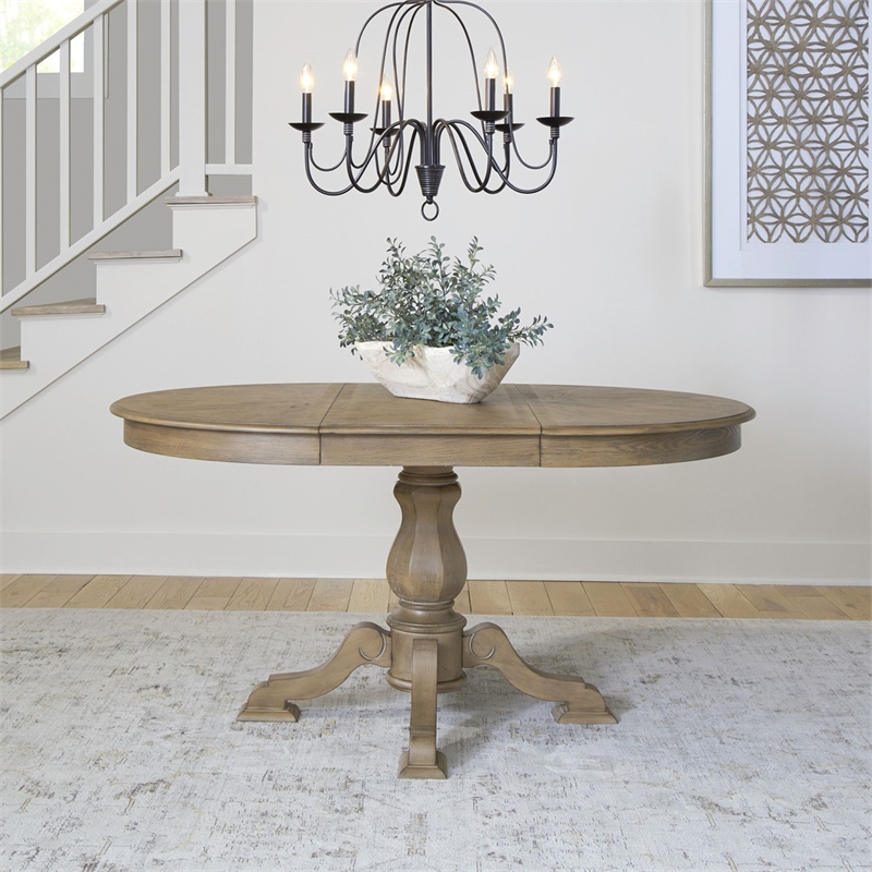 Pemberly Row Pedestal Dining Table Set with 12 Inch Leaf in Brown
