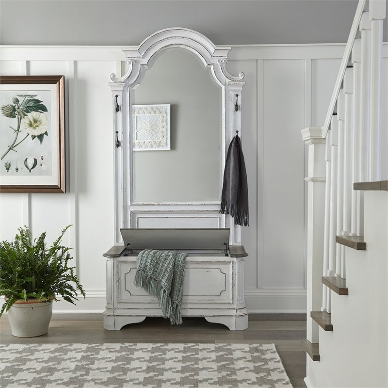 Pemberly Row 2 Piece Mirror Hall Tree with Lift Top Storage in White