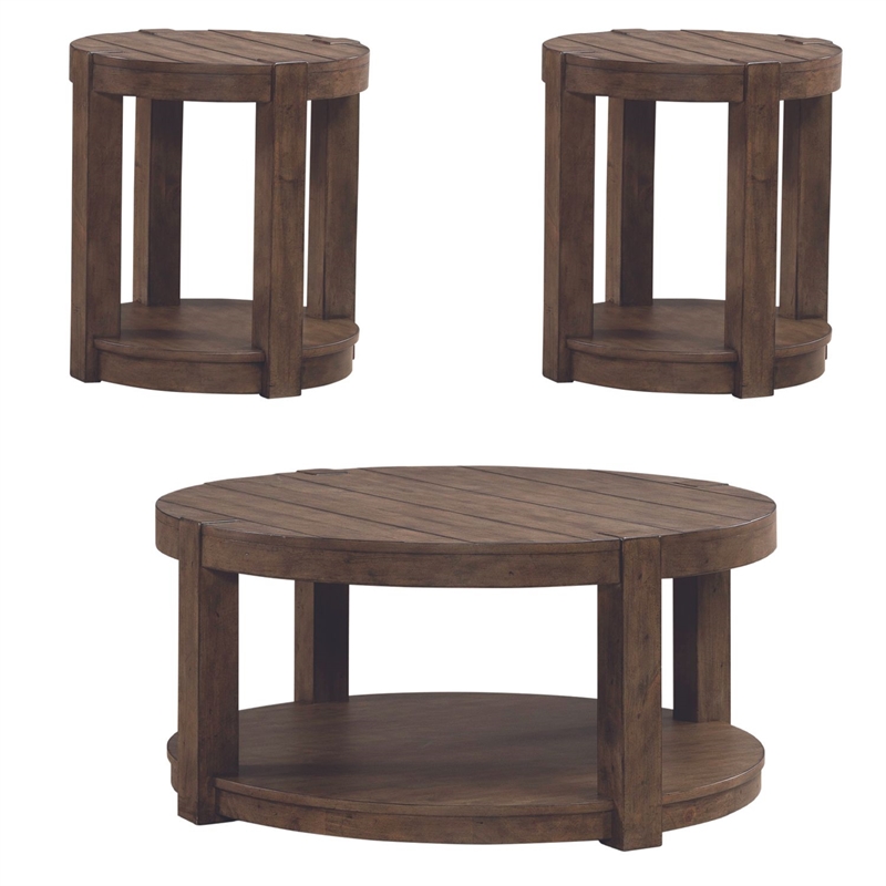 Pemberly Row 3 Piece Round Cocktail and End Table Set with Casters in Brown