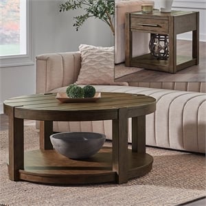Pemberly Row 3 Piece Round Cocktail and End Table Set with Casters in Brown