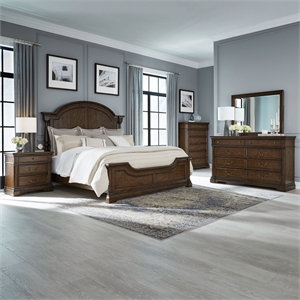 Pemberly Row Queen Poster Bed with Dresser Mirror Chest and Nightstand in Cherry