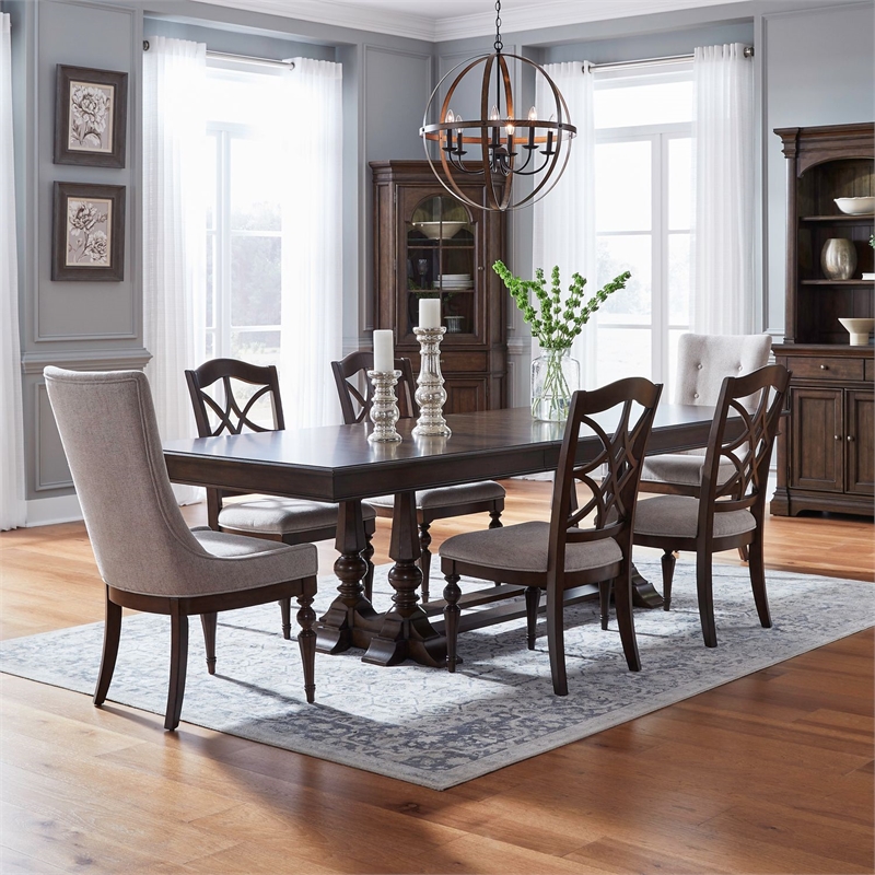 Pemberly Row 7 Piece Trestle Table Set with Splat Back Chairs in Cherry
