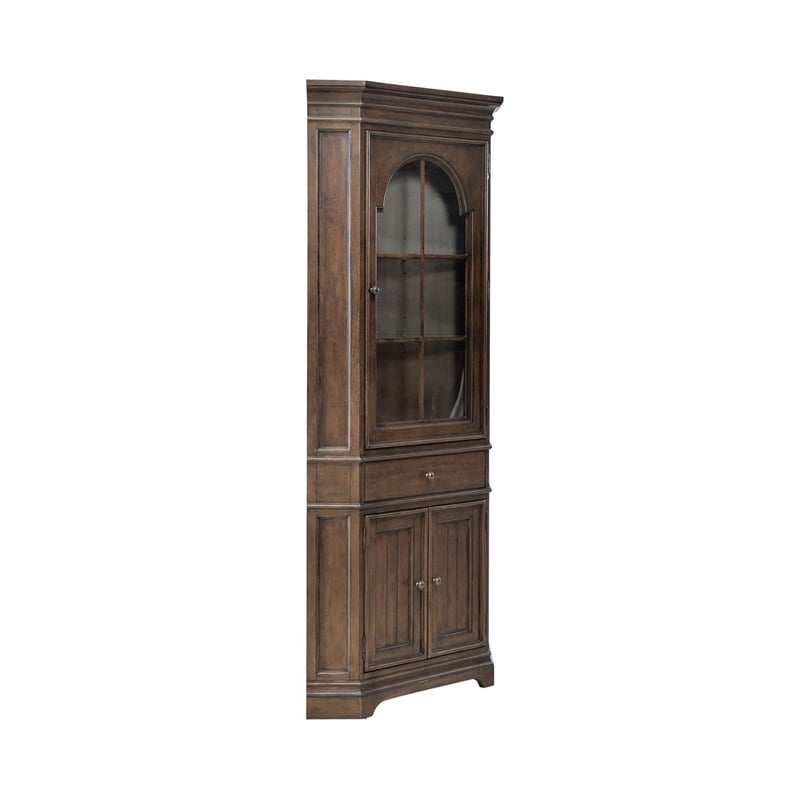 Pemberly Row Corner Cabinet with Glass Door and LED Lighting in Cherry