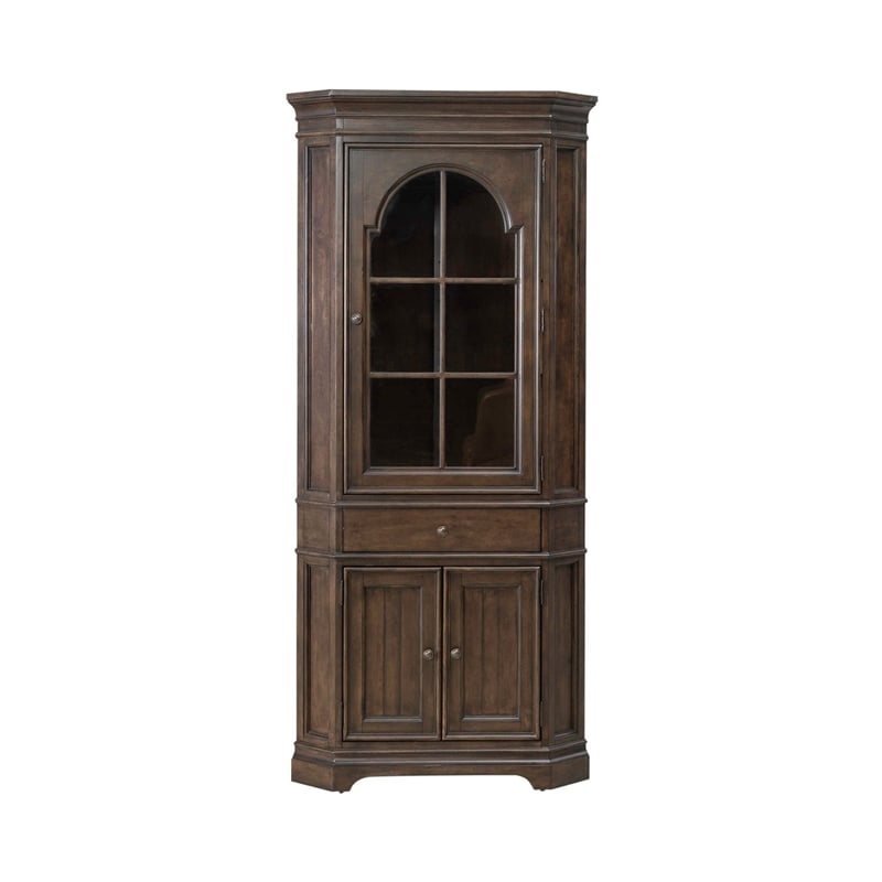 Pemberly Row Corner Cabinet with Glass Door and LED Lighting in Cherry