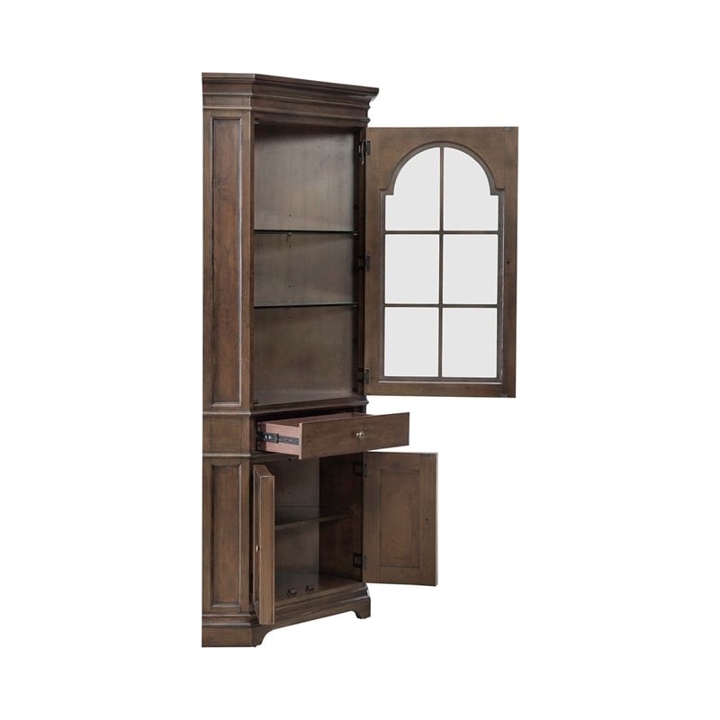 Pemberly Row Corner Cabinet with Glass Door and LED Lighting in Cherry