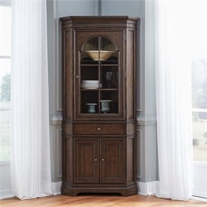 Pemberly Row Corner Cabinet with Glass Door and LED Lighting in Cherry