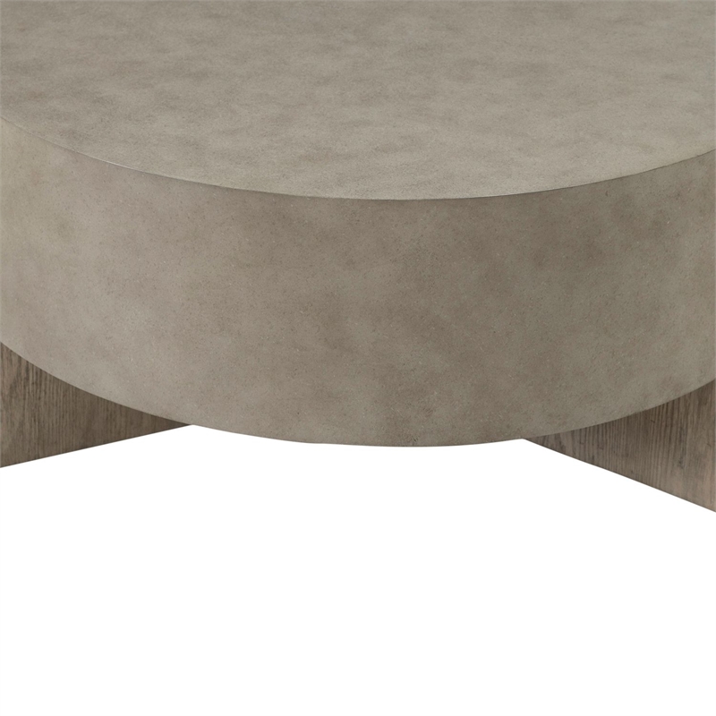 Pemberly Row Round Cocktail Table with Faux Concrete Top in Brown