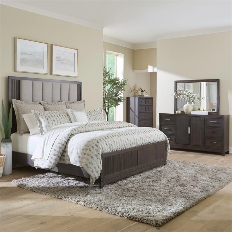 Pemberly Row Queen Upholstered Bed with Dresser Mirror and Chest in Brown