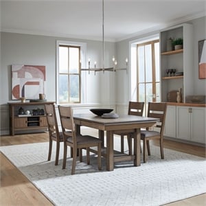 Pemberly Row 5 Piece Trestle Table Set with Slat Back Chairs in Brown