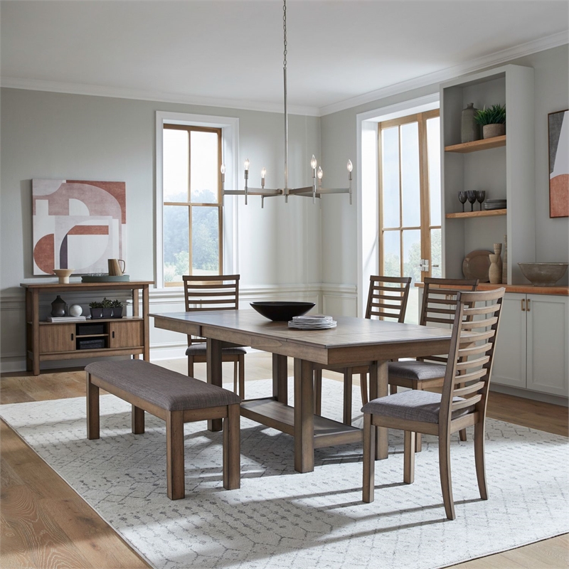 Pemberly Row 6 Piece Trestle Set with Ladder Back Chairs and Bench in Brown