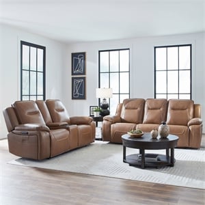 Pemberly Row Power Reclining Sofa and Loveseat Set with Heat Massage in Brown