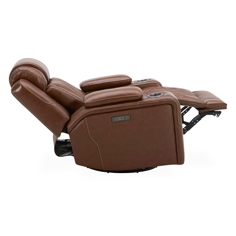 Pemberly Row Power Swivel Glide Recliner with LED Cupholders in Brown