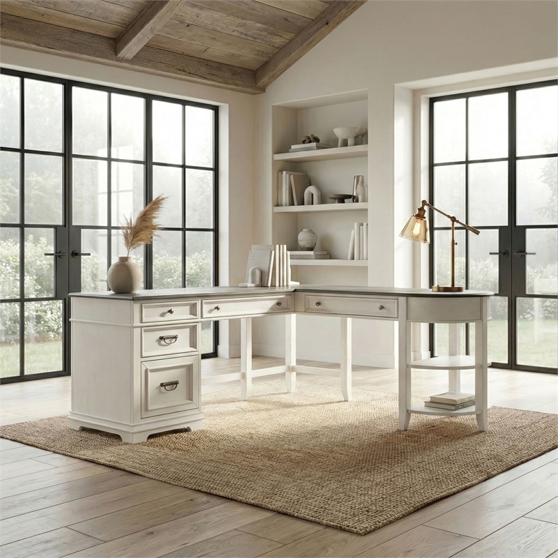 Pemberly Row L Shaped Desk Set with Locking File and Charging in White