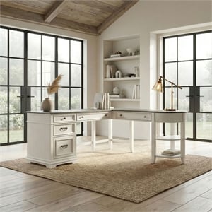 Pemberly Row L Shaped Desk Set with Locking File and Charging in White