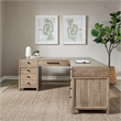 Pemberly Row L Shaped Desk Set with Locking File Drawers in Brown