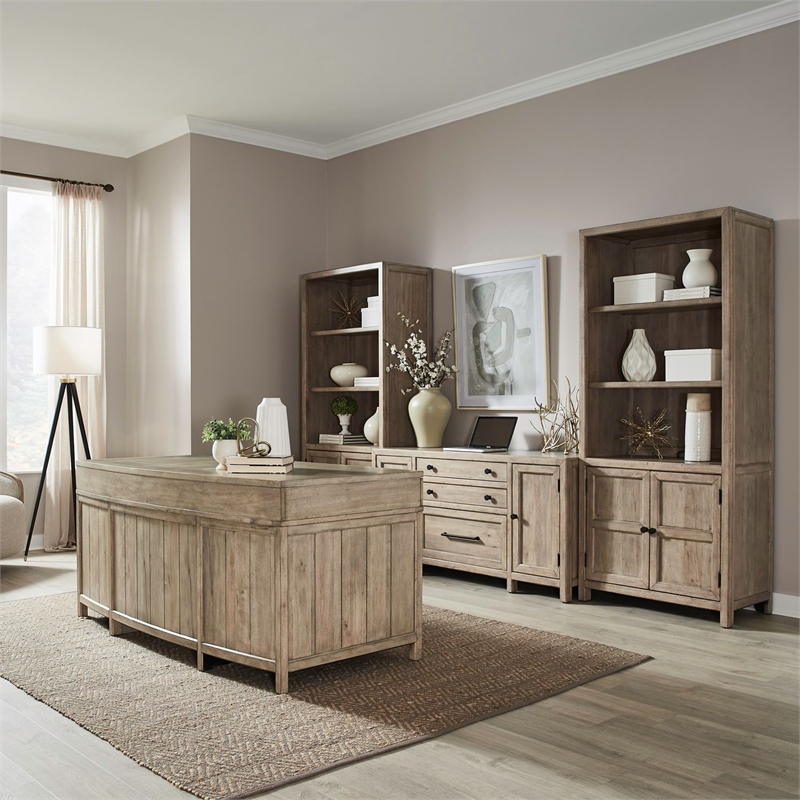 Pemberly Row 5 Piece Jr Executive Desk Set with Bookcases in Brown