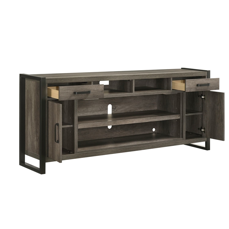 Pemberly Row 78 Inch Fireplace TV Console with Metal Trim Frame in Brown