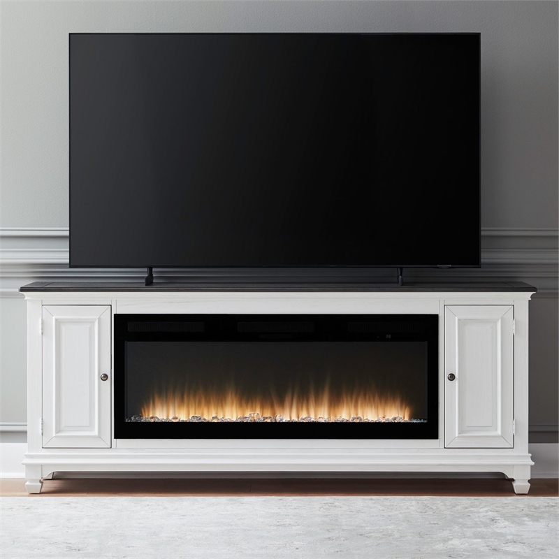 Pemberly Row 80 Inch TV Console with Firebox and Antique Pewter Knobs in Brown