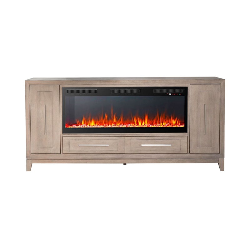 Pemberly Row 80 Inch TV Console with Firebox and Soft Close Doors in Brown