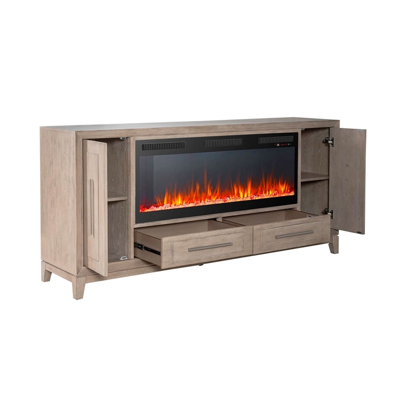 Pemberly Row 80 Inch TV Console with Firebox and Soft Close Doors in Brown