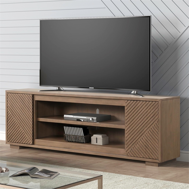 Pemberly Row 84 Inch Fireplace TV Console with Reeded Doors in Brown