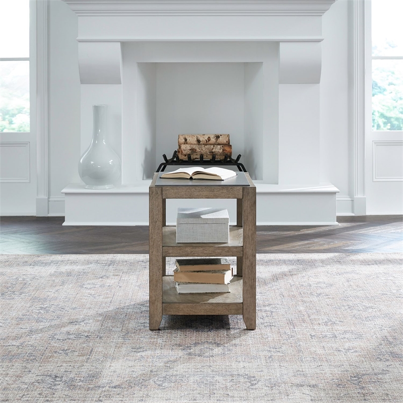 Pemberly Row Chairside Table with Tile Insert Top and Open Shelves in Brown