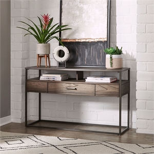 Pemberly Row Sofa Table with Diamond Veneer and Open Shelf in Brown