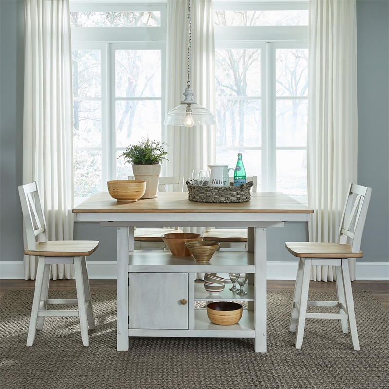 Pemberly Row 5 Piece Gathering Table Dining Set with Swivel Chairs in White