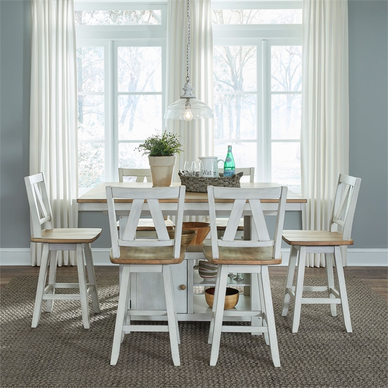 Pemberly Row 7 Piece Gathering Table Set with Swivel Chairs in White