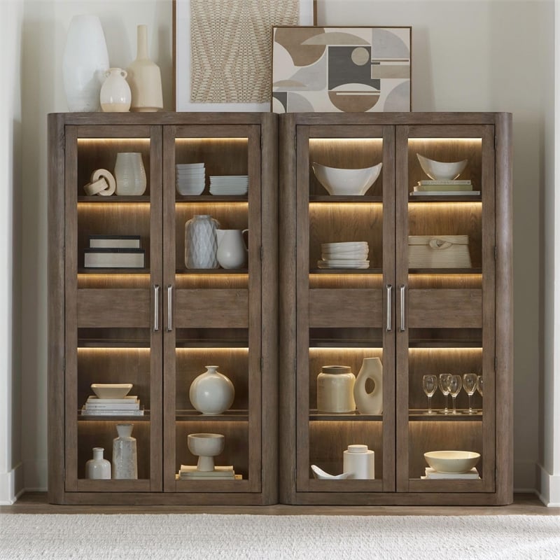 Pemberly Row 2 Piece Bunching Glass Cabinet Set with LED in Brown