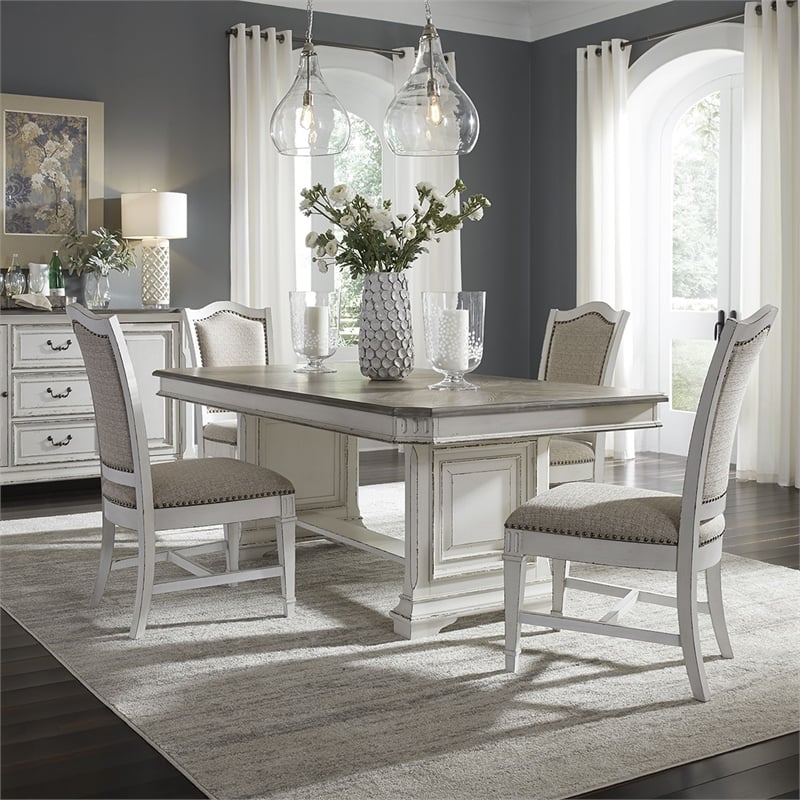 Pemberly Row 5 Piece Trestle Dining Table Set with Leaf in White