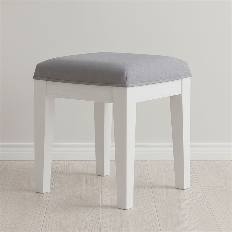 Pemberly Row Upholstered Vanity Stool in Pearl White and Soft Grey
