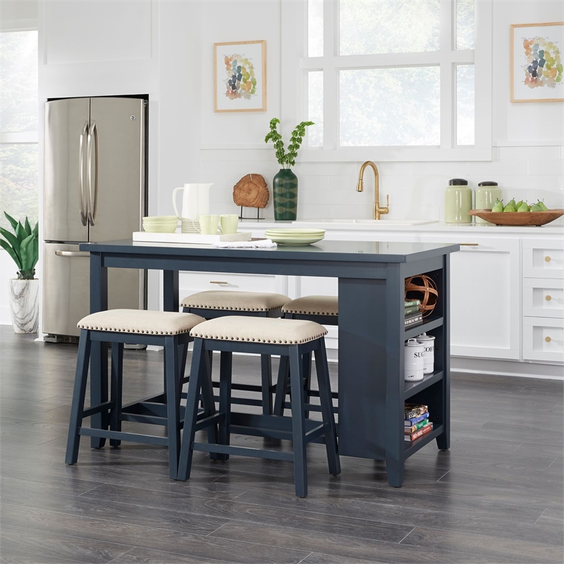Pemberly Row 5 Piece Kitchen Dining Counter Table Set in Navy Blue