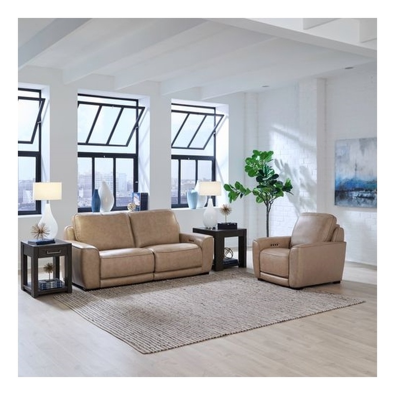Pemberly Row Sofa and Recliner Power Reclining Set in Oatmeal Leather