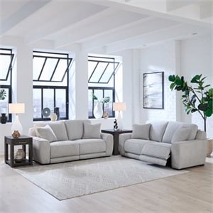 Pemberly Row Sofa and Loveseat Power Reclining Set in Smoke Gray Fabric