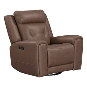 Pemberly Row Dual Power Swivel Glide Recliner with Charging in Brown Leather