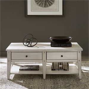 Pemberly Row Cocktail Table with Push-Through Drawers in Weathered White Finish