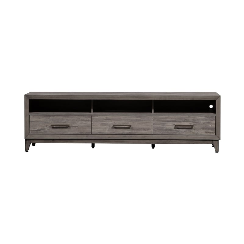 Pemberly Row 76 Inch TV Console with Picture Frame Molding in Contemporary Gray