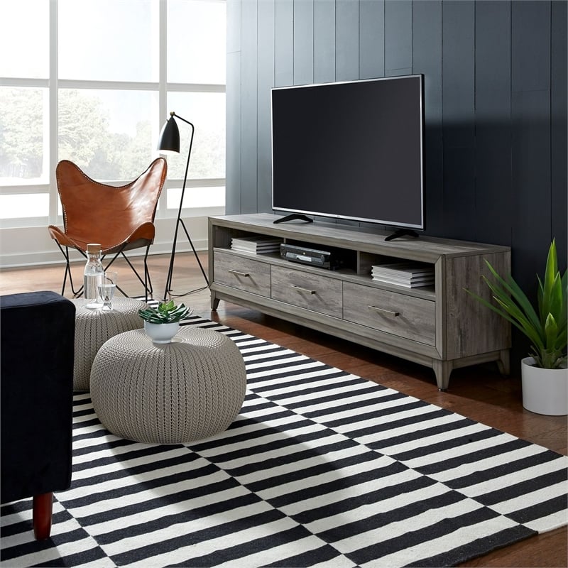 Pemberly Row 76 Inch TV Console with Picture Frame Molding in Contemporary Gray