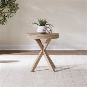 Pemberly Row Round End Table with Fancy Face Veneer Top in Sandstone Finish