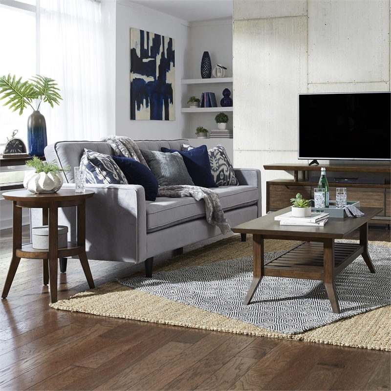 Pemberly Row 3 Piece Cocktail and End Table Set with Slat Shelf in Bronze Spice