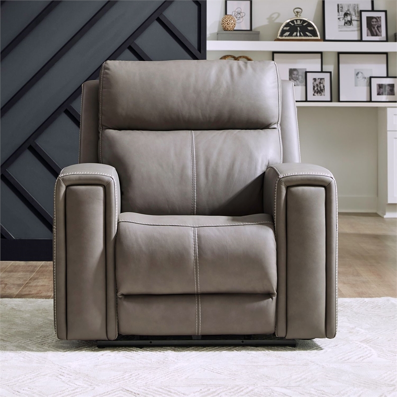 Pemberly Row Triple Power Recliner with Hidden Cupholders in Gray Leather