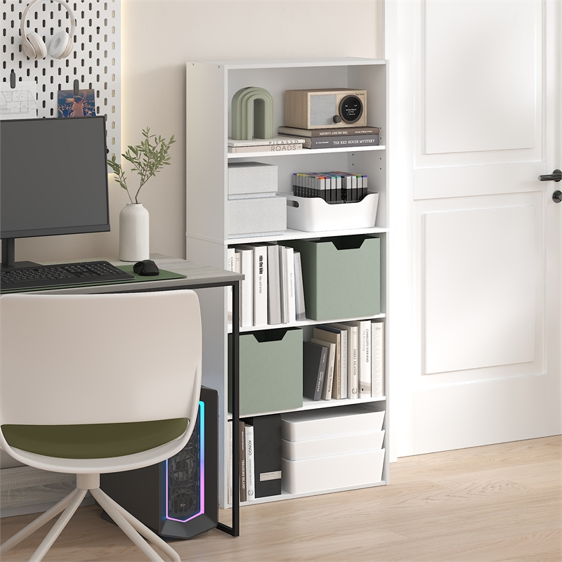 Pemberly Row 5 Tier Adjustable Bookshelf 52 Inch Tall in White Finish