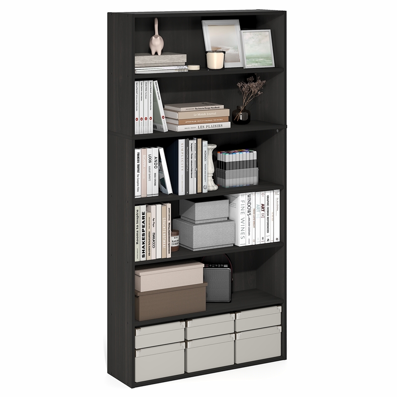 Pemberly Row 6 Tier Open Storage Bookcase with Closed Back in Espresso Finish
