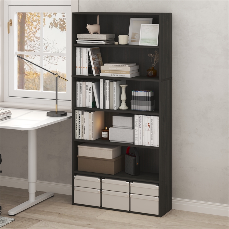 Pemberly Row 6 Tier Open Storage Bookcase with Closed Back in Espresso Finish