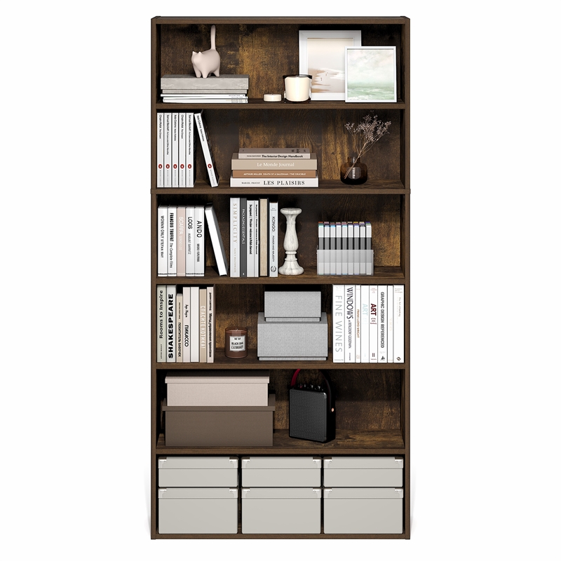 Pemberly Row 6 Tier Open Bookshelf with Closed Back in Amber Pine Finish