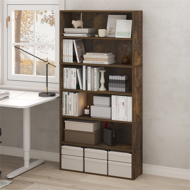 Pemberly Row 6 Tier Open Bookshelf with Closed Back in Amber Pine Finish