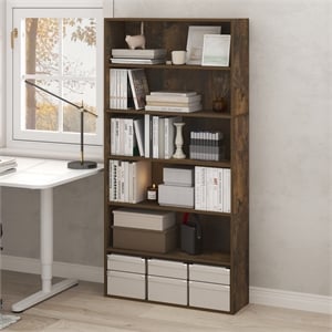 Pemberly Row 6 Tier Open Bookshelf with Closed Back in Amber Pine Finish