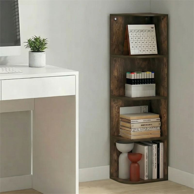 Pemberly Row 4 Tier Corner Open Shelf Bookcase with Rounded Edges in Amber Pine