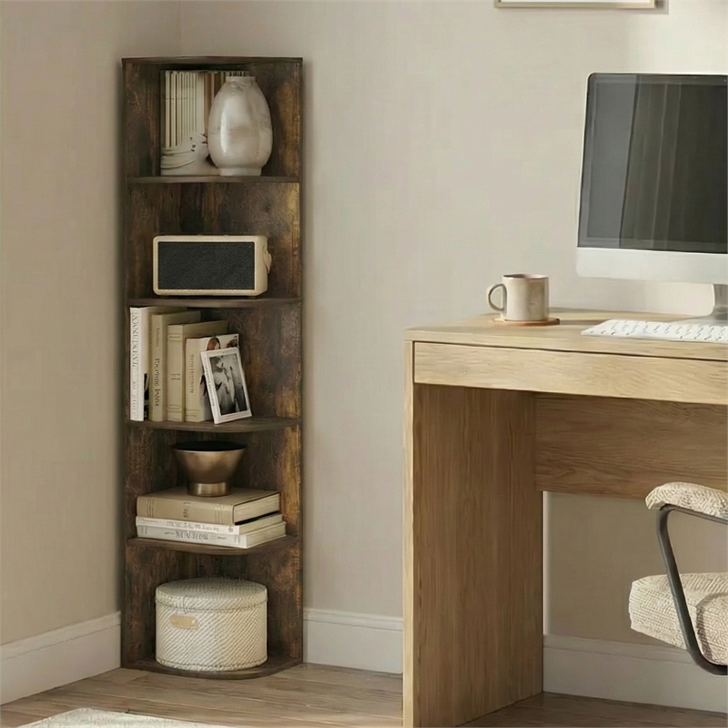 Pemberly Row 5 Tier Corner Open Shelf Bookcase for Small Spaces in Amber Pine
